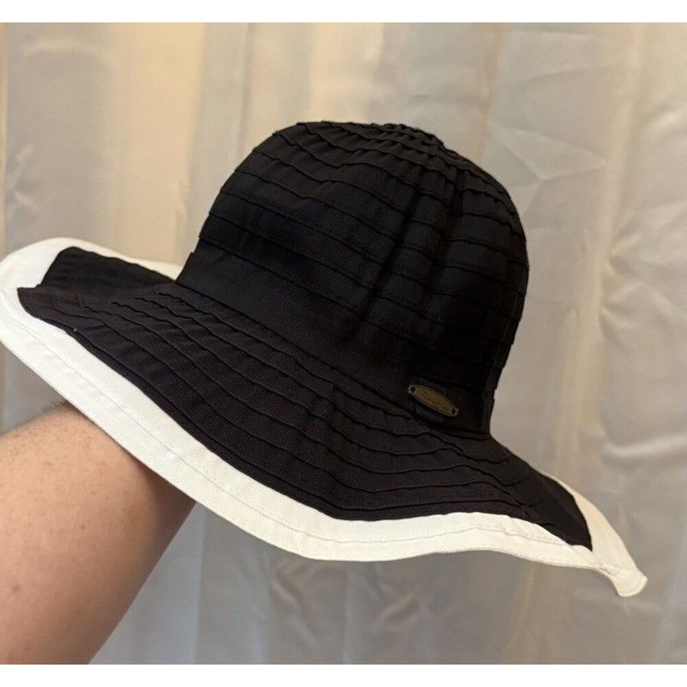 Panama Jack Womens Black White Wide Brim Sun Hat Packable Beach Travel